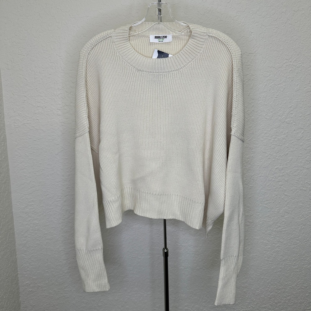 NWT Double Zero Women Cream Cropped Knit Sweater Large Crew Neck Oversized